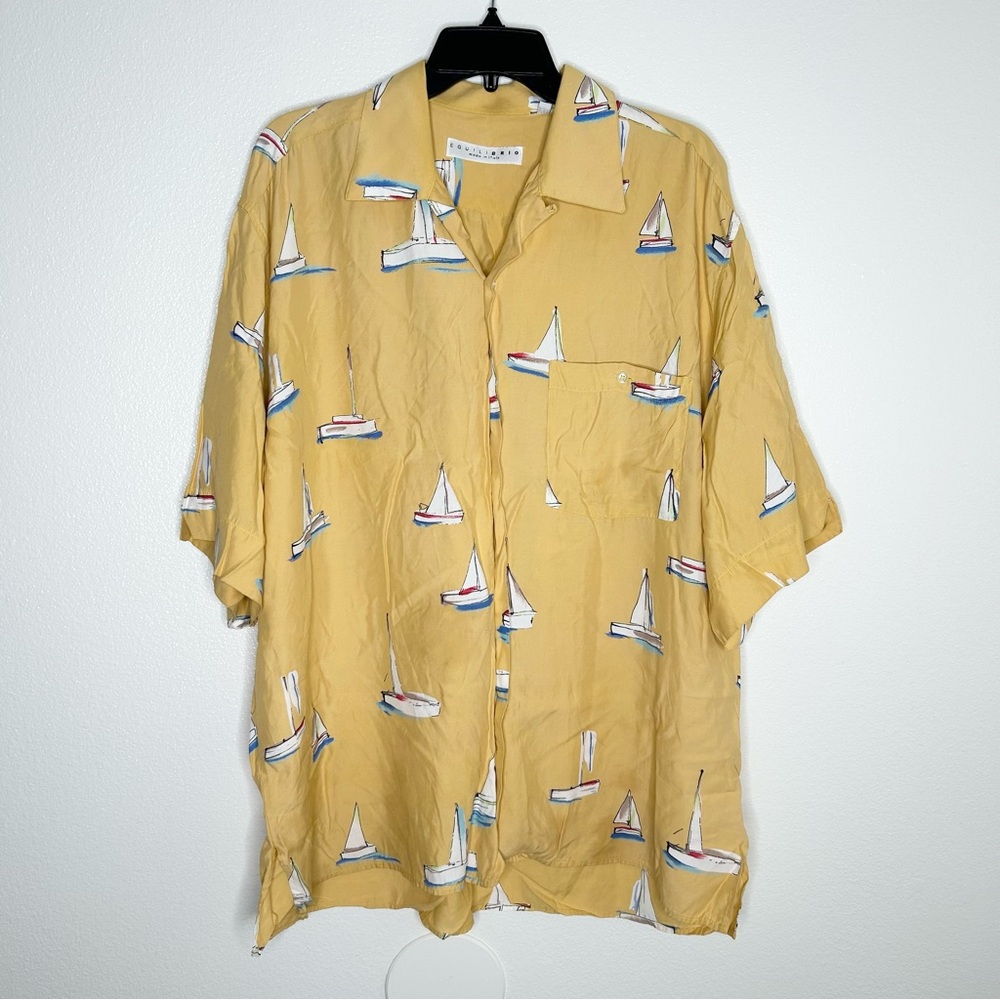 EQUILIBRIO Mens Yellow Nautical Boat Print Short Sleeve Button Up Shirt Size XL